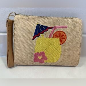 NWT Talbots straw clutch with tropical drink embroidery